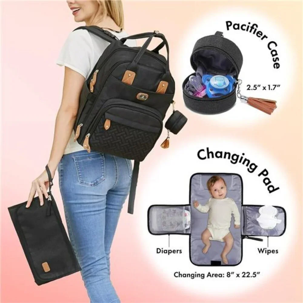 Large Black Diaper Bag Backpack with Changing Pad Pacifier Case Baby Travel Bag